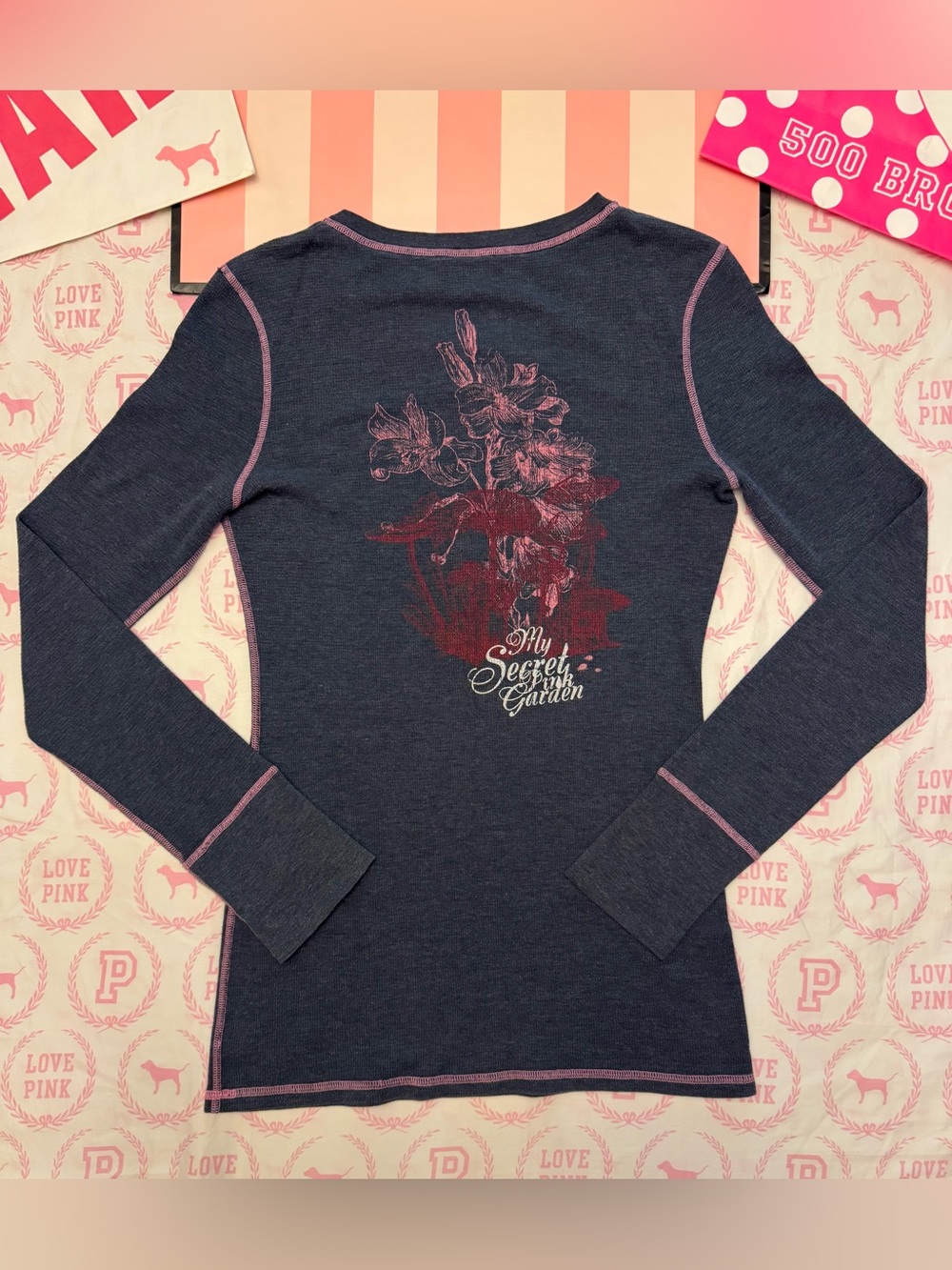 VS PINK VINTAGE Y2K THERMAL HENLEY SHIRT BLUE “MY SECRET PINK GARDEN” RARE HTF L